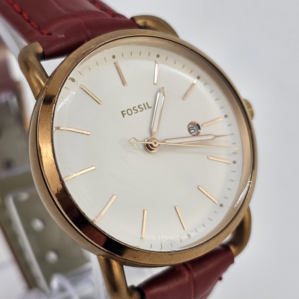 Fossil Women Watch 34MM Gold Dial Date New Red Leather Bands New Battery - Picture 6 of 16